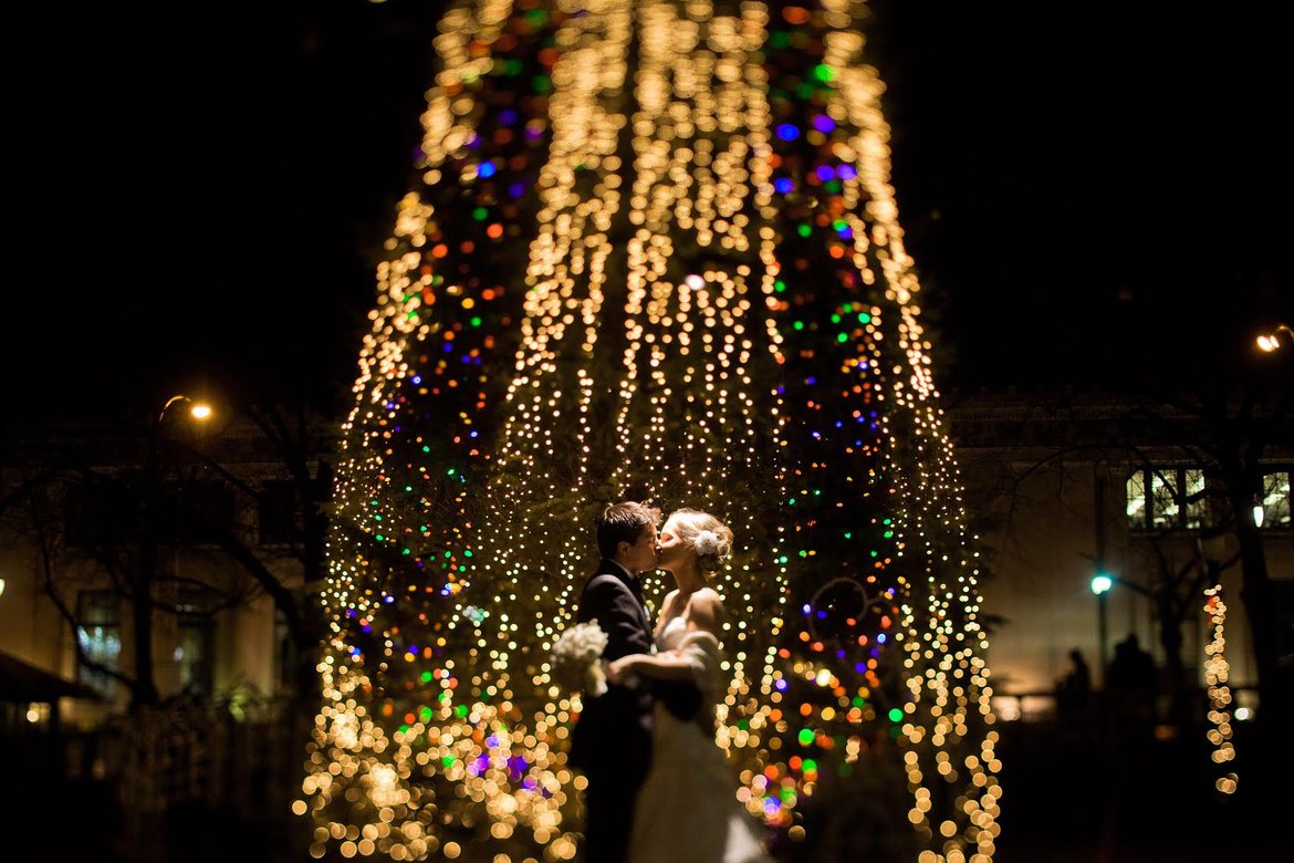 wedding photo with christmas lights