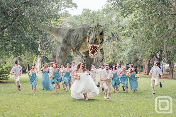 dinosaur chasing bridal party