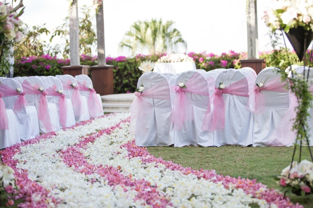 petal coated ceremony aisle