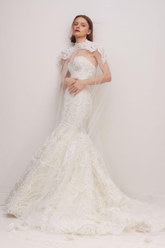 Illusion lace cape and wedding gown