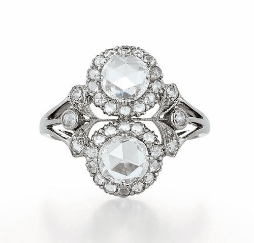 Engagement ring with two rosecut diamonds and accent diamonds in 18K white Engagement ring with two rosecut diamonds and accent diamonds in 18K white