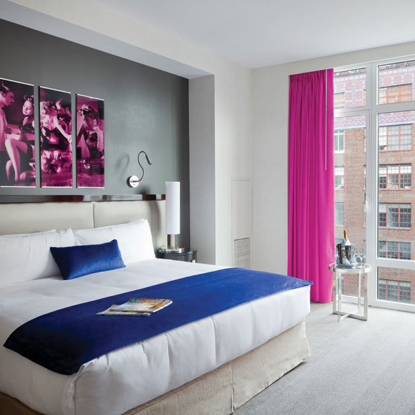 hotel room neon pink curtains A sleek room NYC 39s Gansevoort Park Photo