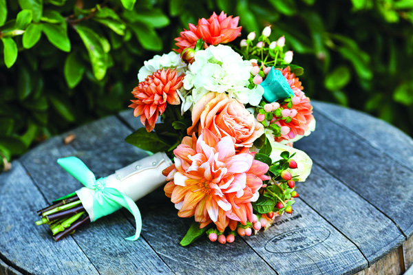coral, blue and white bridal bouquet
