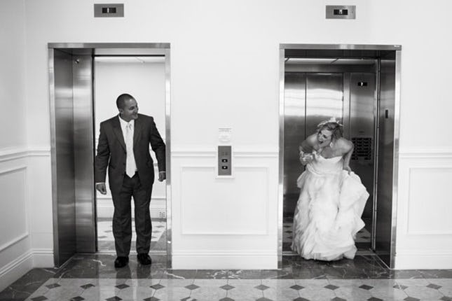 Wedding first look in an elevator