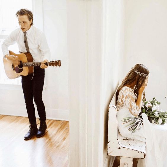 Wedding first look with guitar