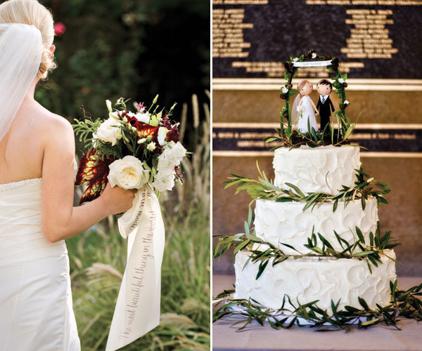 The couple had a wedding cake as well decorated by garlands of olive leaves