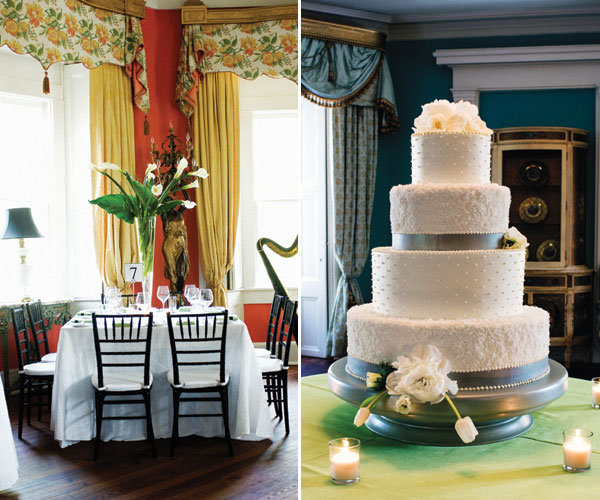 spring wedding decor Left The red walls and ocher window treatments of the 