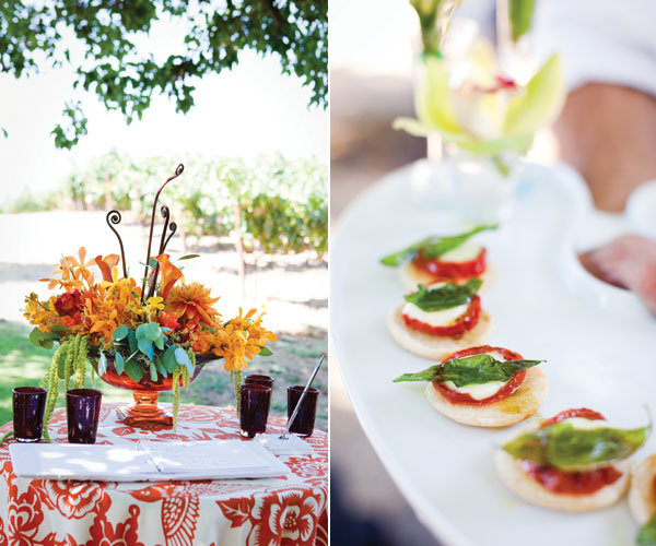 summer wedding cocktail hour A cocktailhour table is topped by a riot of 