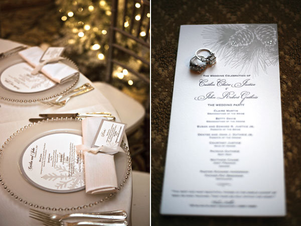 winter wedding menu card and program Glass chargers edged with beads made