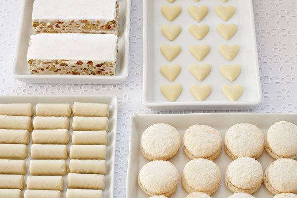 Bridal shower dessert table with torrone nougat truffles and coconut 