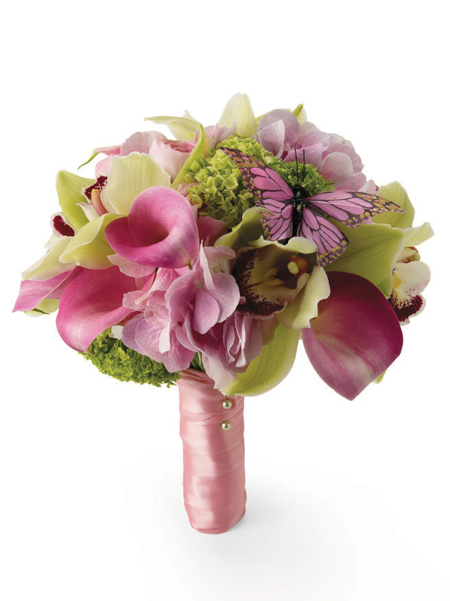 Butterflyaccented bridal bouquet of calla lilies cymbidium orchids 