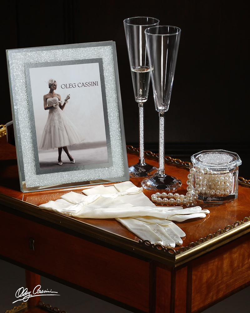 champagne glasses and crystal frame by oleg cassini
