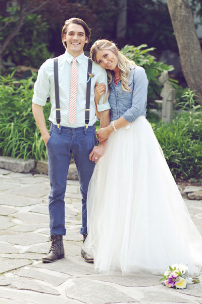 bride and groom wearing denim