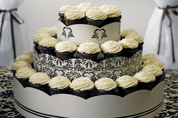 black and white cupcake display