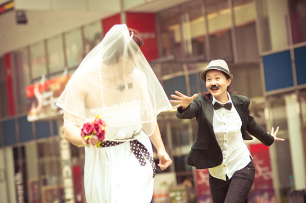 bride and groom switch clothes