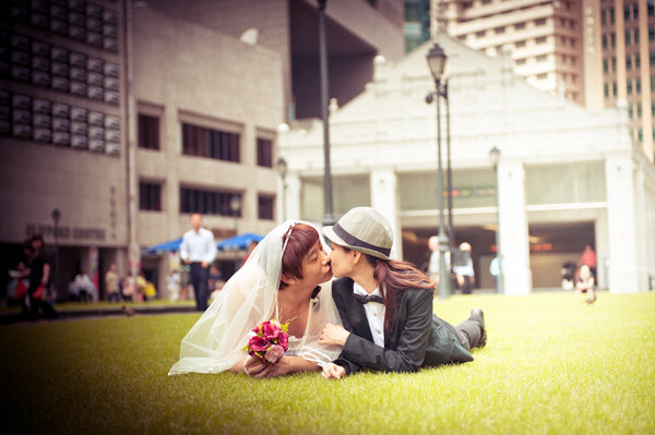 bride and groom switch clothes