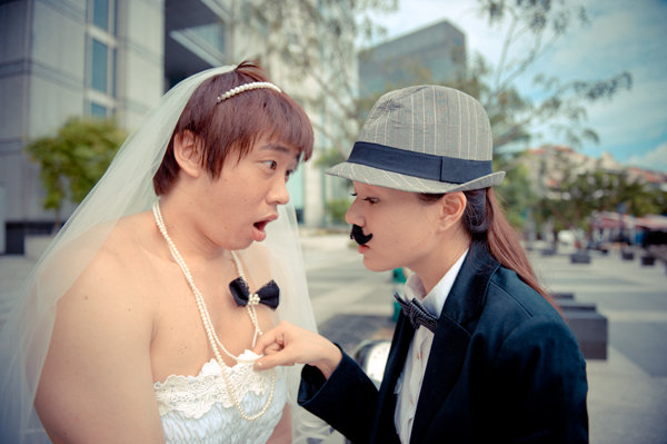 bride and groom switch clothes