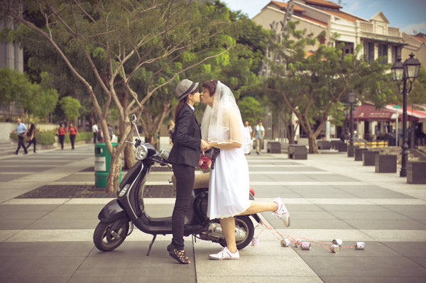 bride and groom switch clothes