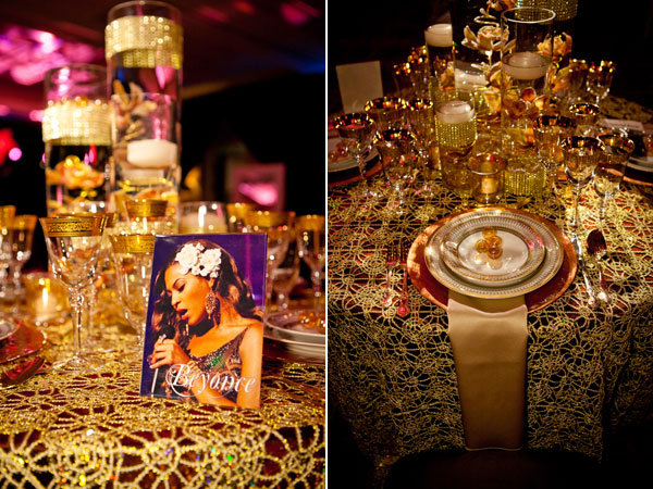 Beyonc's ultraglam table display filled with dazzling gold and sparkling