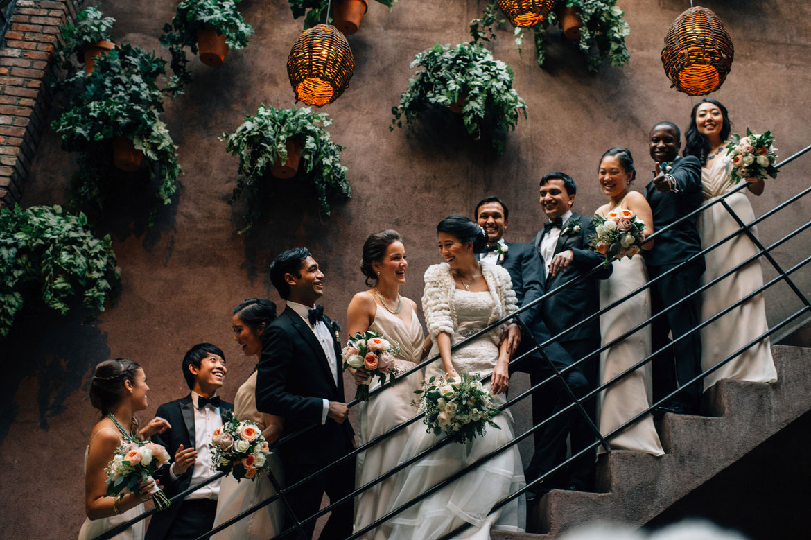 wedding party on stairs