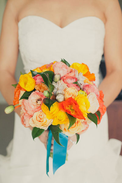 orange and yellow with blue ribbon summer bouquet 