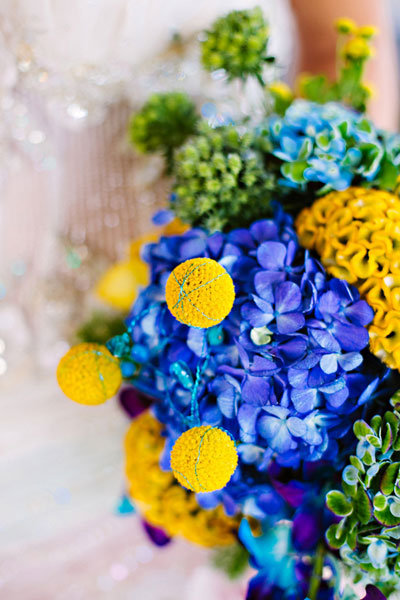 bright blue and yellow bridal bouquet 