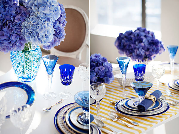 The blue and white scheme is always elegant and the yellow striped table 