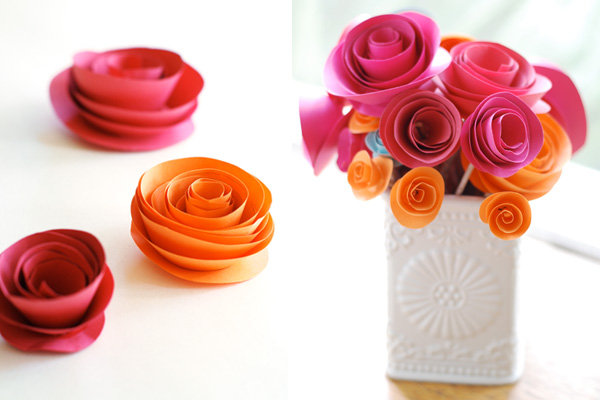 red and orange paper rose centerpiece 