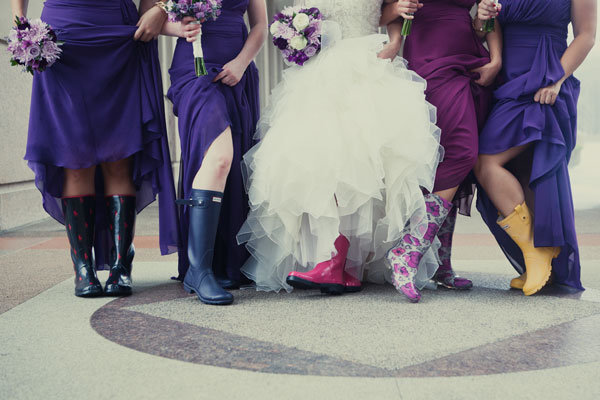 bridesmaids wearing rainboots