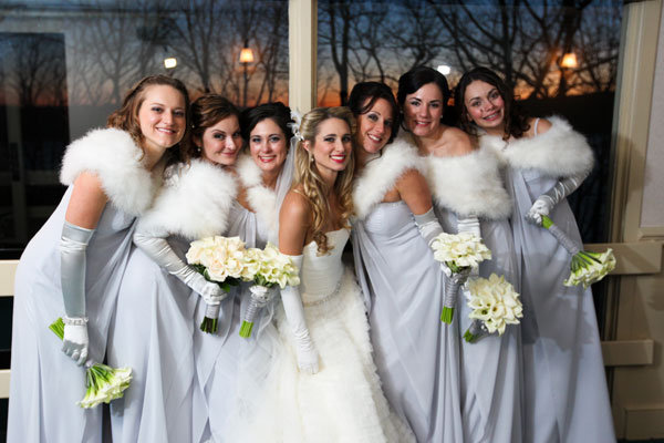 bridesmaids with fur shrugs