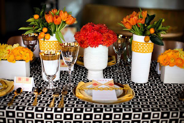 red and orange wedding centerpiece Created by JL DESIGNS photographed by 