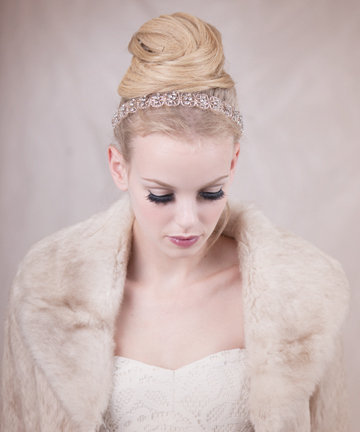 The Glam Halo worn here complements winter wedding dresses and fur shrugs