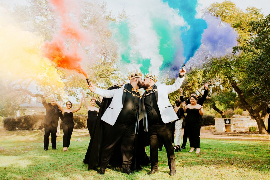 Rainbow smoke bomb wedding photo