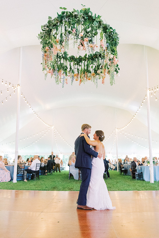 floral chandelier at wedding reception