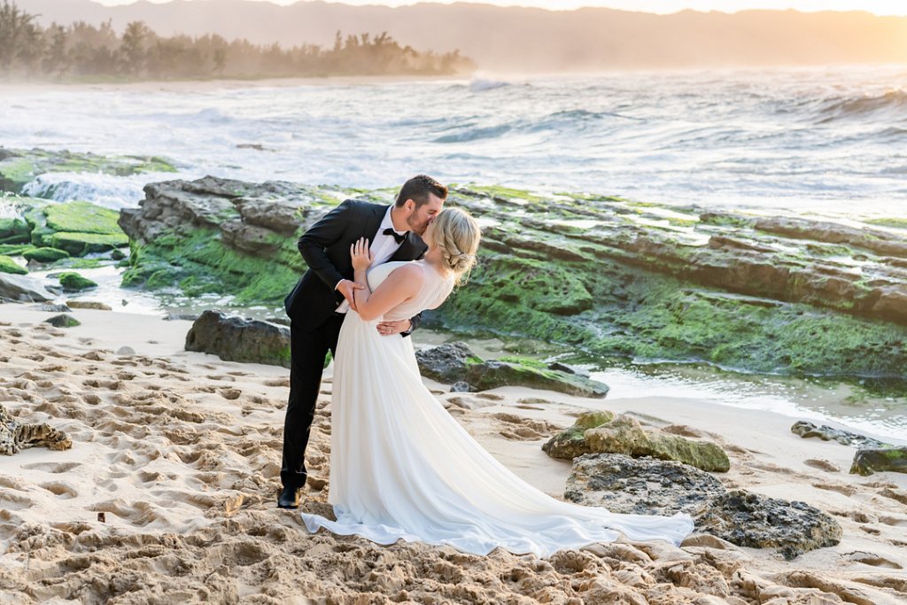 Beach wedding photo of bride and groom