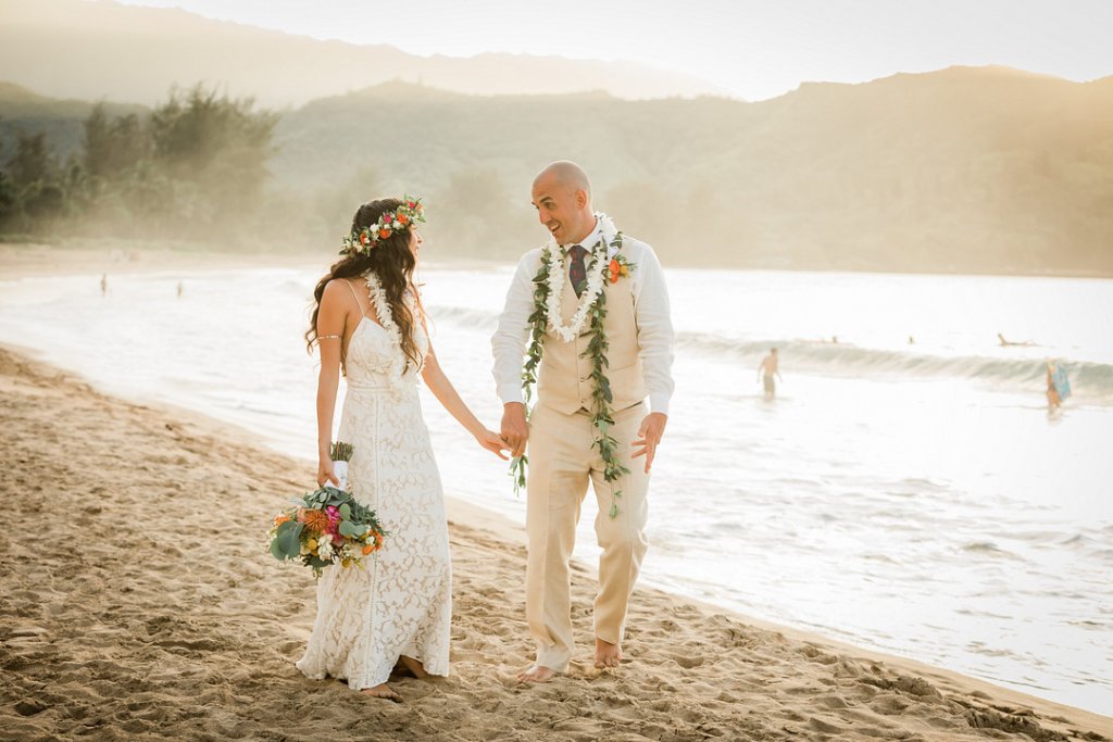 Beach wedding bride and groom