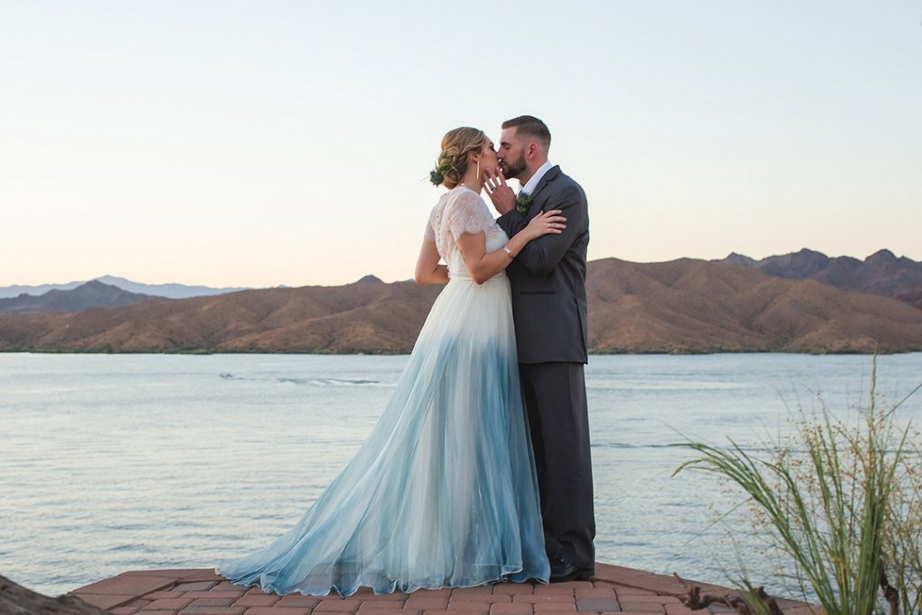 Bride with blue tulle wedding gown