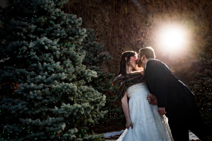 Winter wedding photo of bride and groom