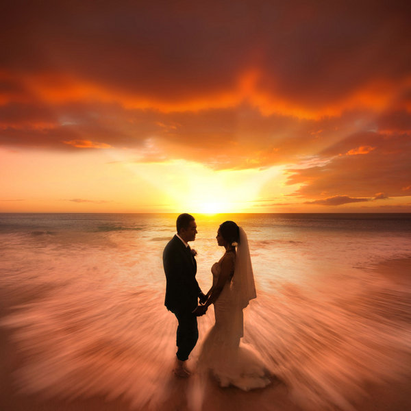 bride and groom sunset