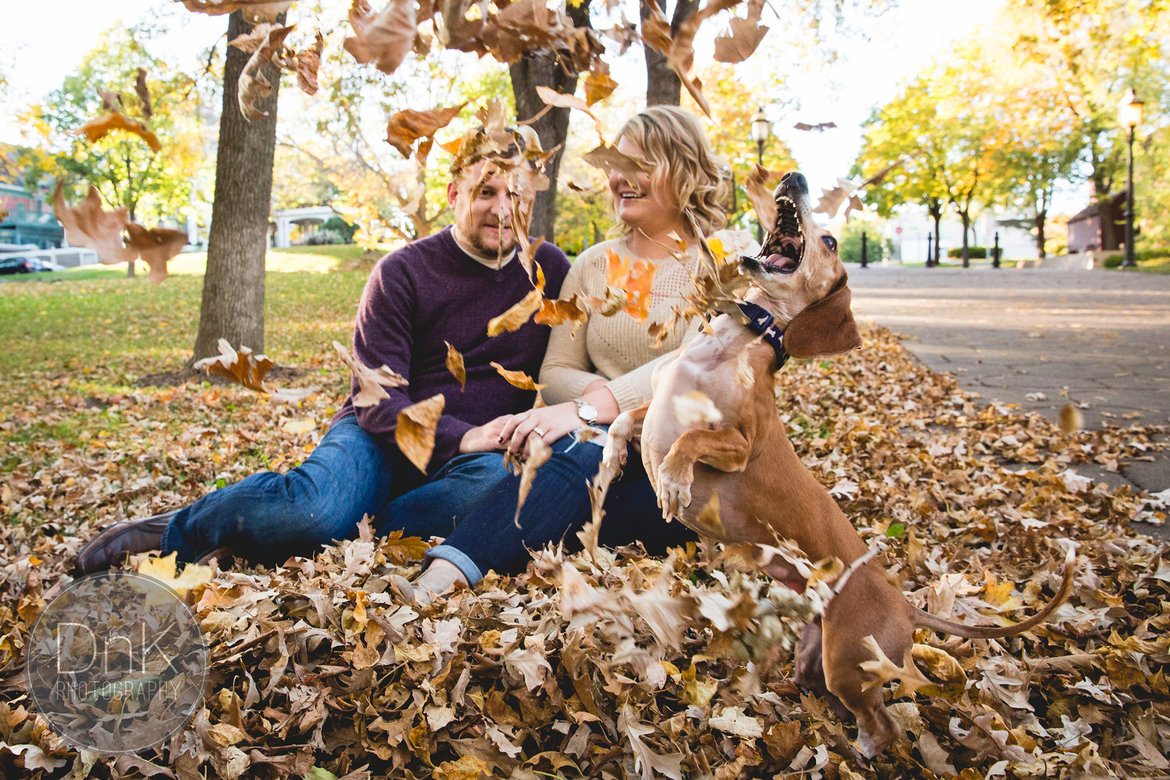 dog photobombing couples engagement photo shoot