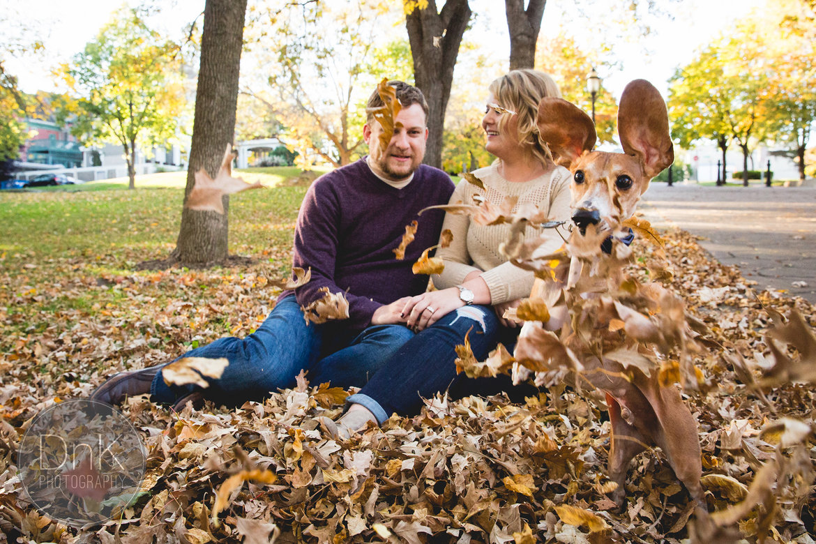 dog photobombing couples engagement photo shoot