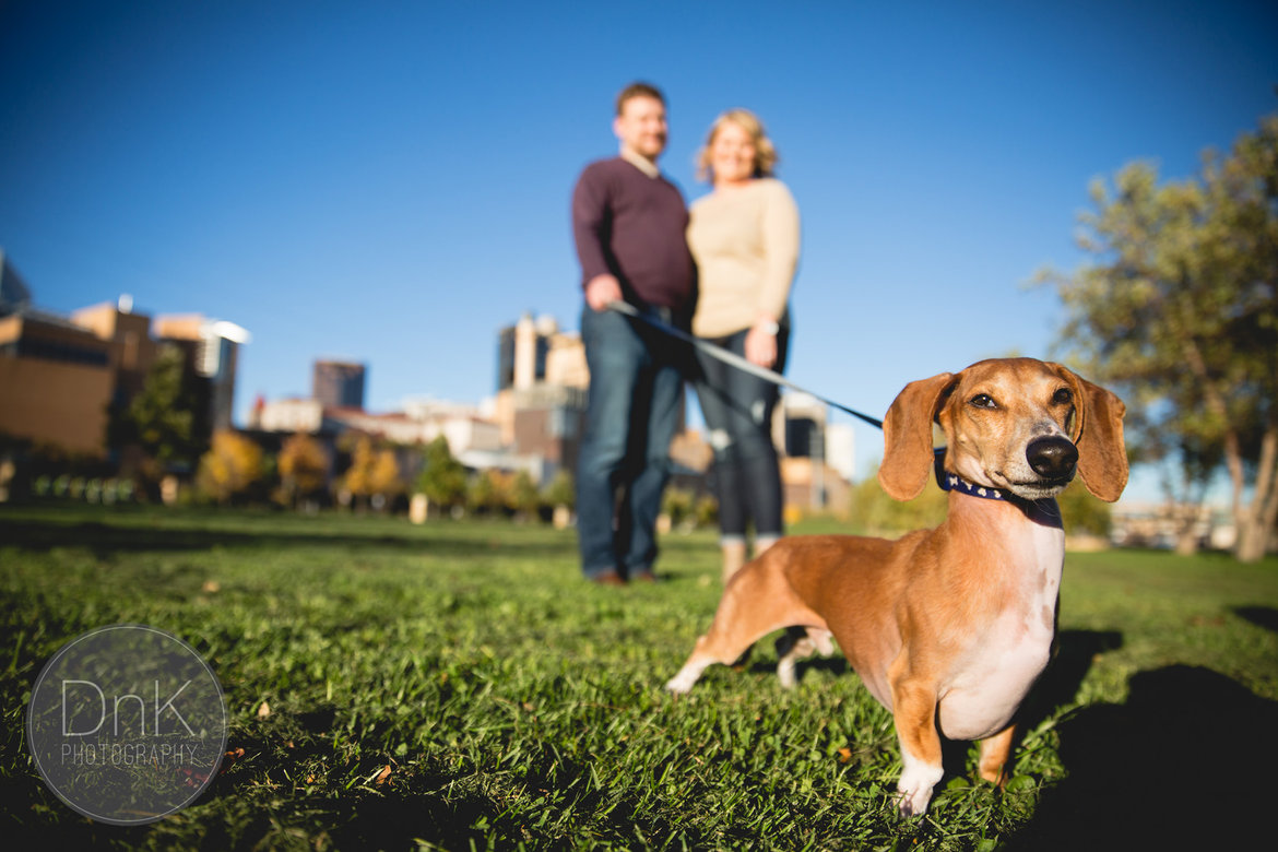 dog photobombing couples engagement photo shoot