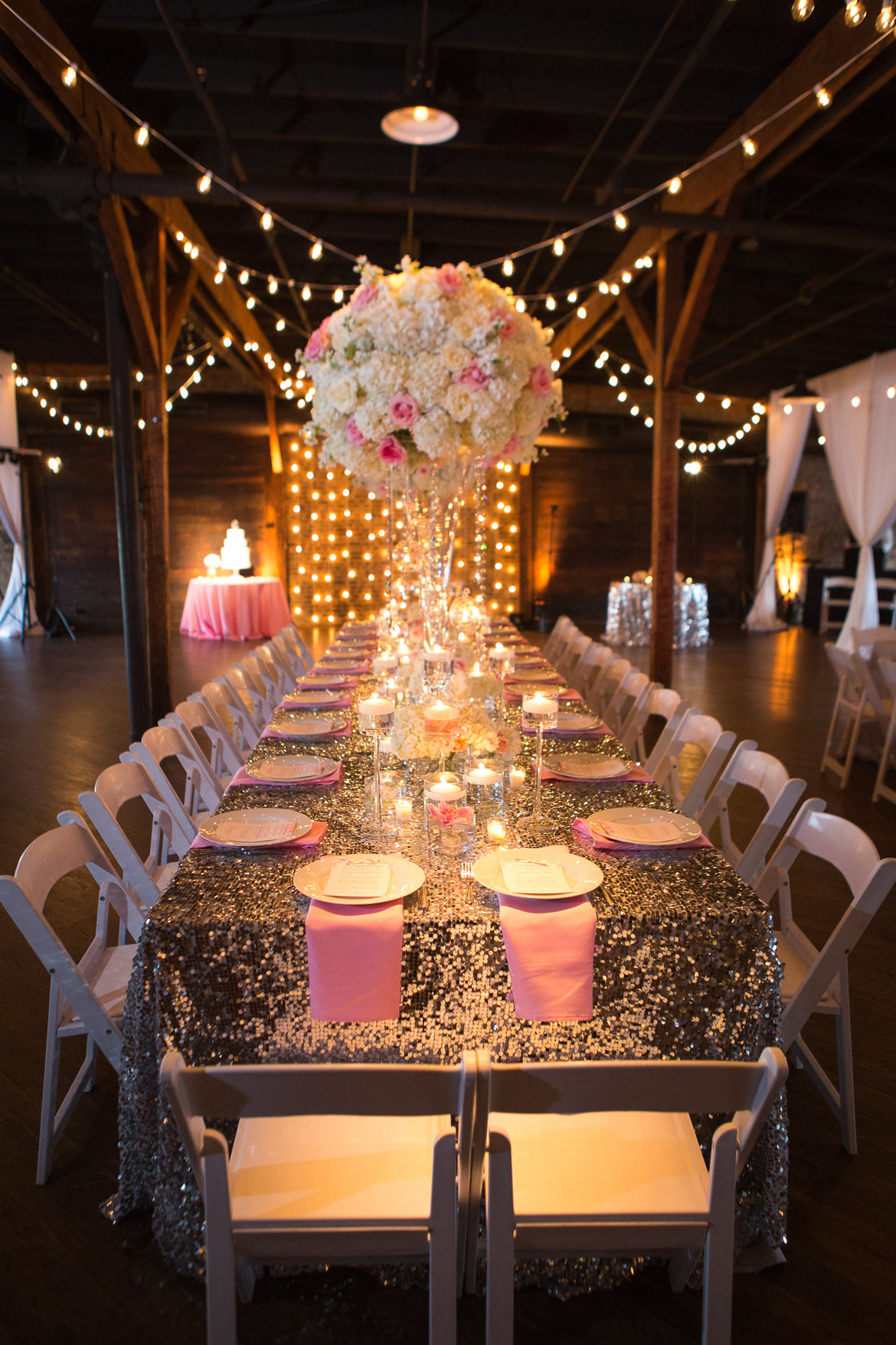 glitter table cloths at wedding