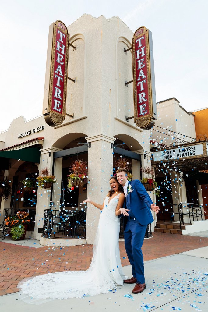 Flower petal toss wedding photo