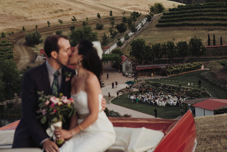 bride and groom overlooking wedding guests