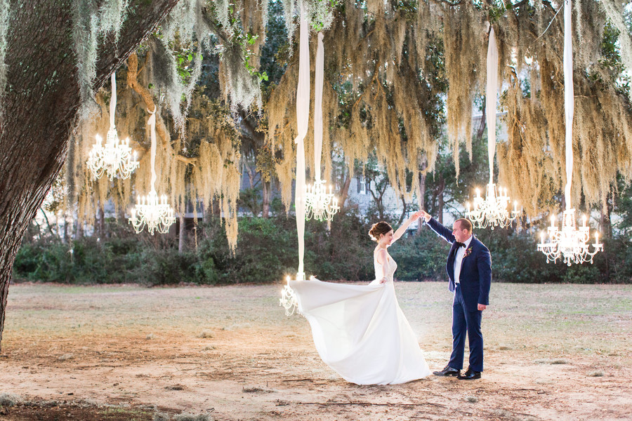 Outdoor chandeliers wedding photo