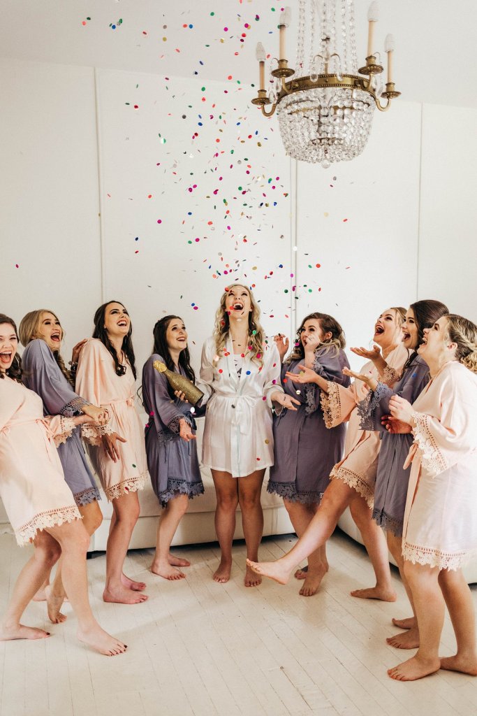 Confetti toss bride and bridesmaids