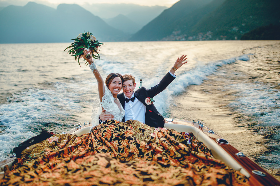 Bride and groom in a boat