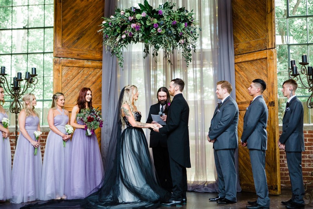 Wedding gown with black overlay