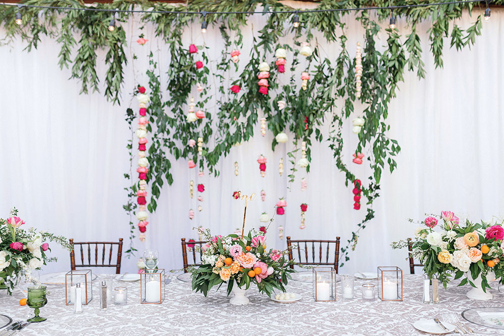 suspended floral background at wedding